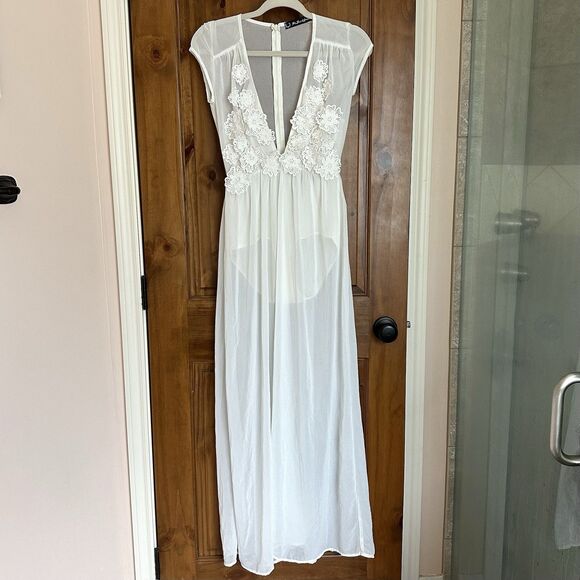 For Love & Lemons Bodysuit Sheer Maxi Dress Small Floral Appliqué - Picture 1 of 6